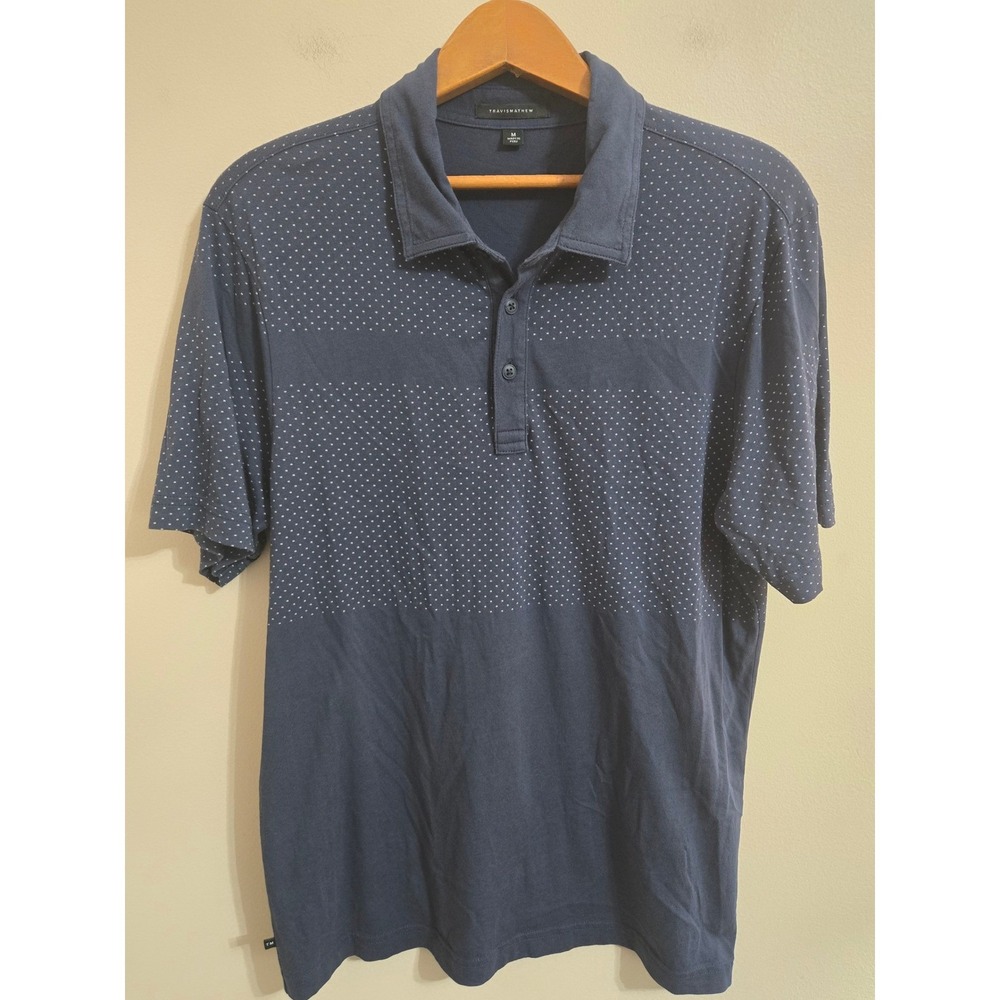 TravisMathew Polo Shirt Men's M Mood Indigo Polka Dot Golf Performance EUC
